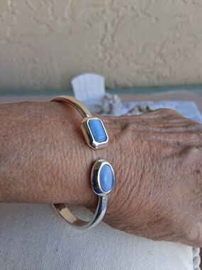 Blue Stone Open Cuff Bracelet - Women's  Silver Tone